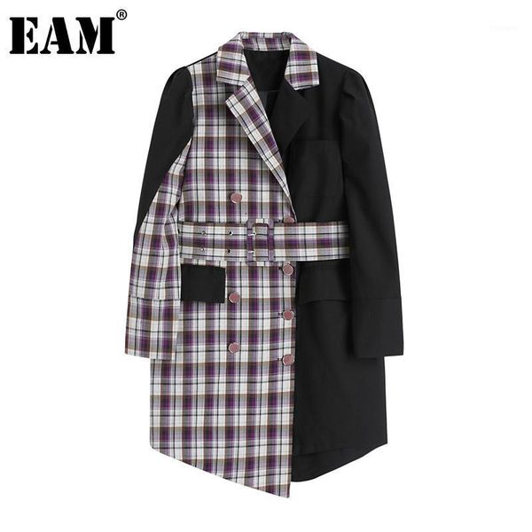 

eam] women black plaid irregular big size trench new lapel long sleeve loose fit windbreaker fashion spring autumn 2020 1da2981, Tan;black