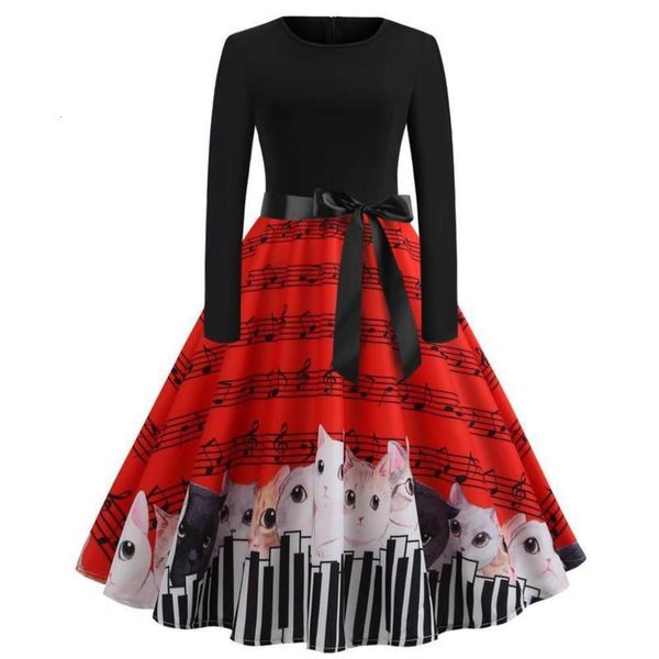 

hepburn waist print swing dress 2019, Black;gray