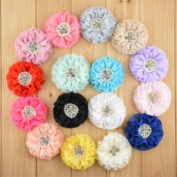 50 pçs / lote 16 cor u escolha 3,15 polegadas grandes frisadas de tecido chiffon flores com pérola strass acessórios de cabelo diy fh24 lj201226