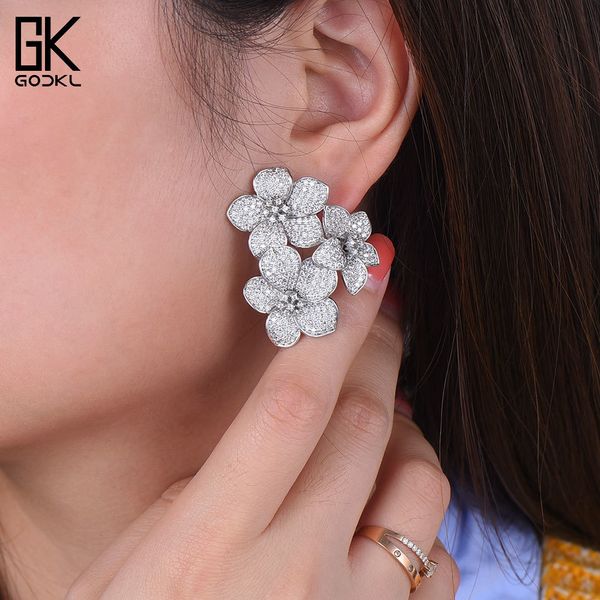 

godki new trendy luxury flowers cluster stud earrings for women wedding cubic zircon crystal african dubai silver bridal earring 210202, Golden;silver