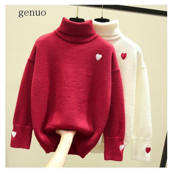 

new 2020 turtleneck heart temperament warm knitted sweater pullover autumn knitwear sueter mujer long sleeve women new1, White;black