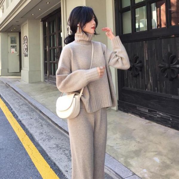 

autumn winter outfits for women long sleeve loose sweater and haren pants new 2020 fashion ladies solid knit casual 2 piece set1, Gray