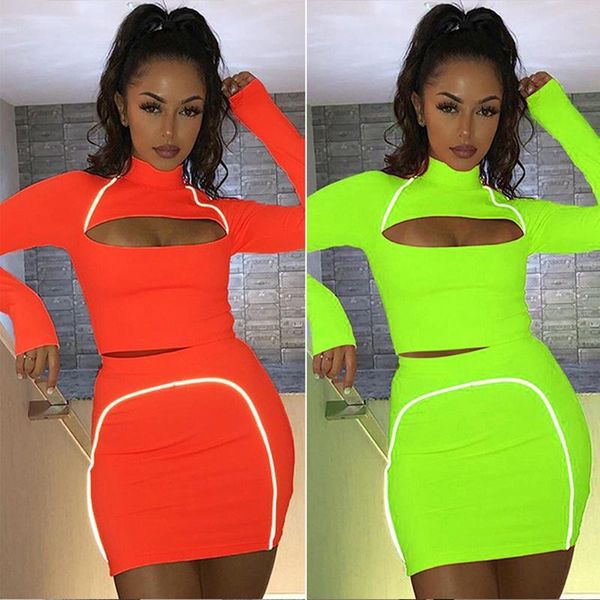

women's tracksuits reflective 2 piece skirt set party club outfits for ladies neon matching sets, Gray