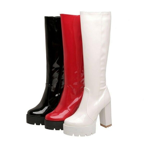 

boots womens shiny patent leather high platform knee thick heel punk, Black