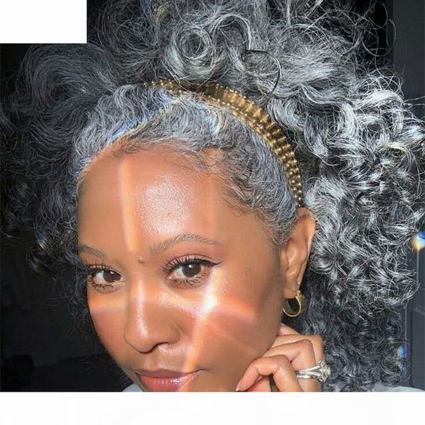 

grey kinky weave ponytail hairpiece european human hair ponytail hair extension silver grey wrap around ponytail hair piece gray puff, Black