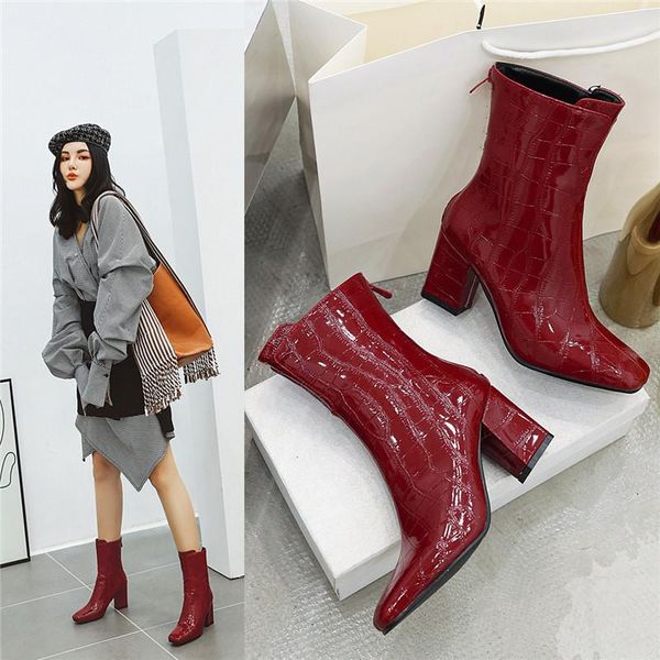 

yqbtdl autumn winter 2020 fashion elegant womens shoes office patent stone plaid square toe high heels ankle women's boots 34-43, Black