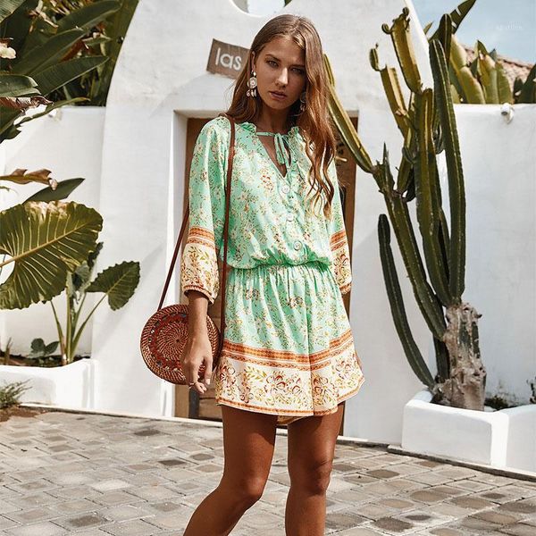 

women's jumpsuits & rompers knoyeer boho vacation jumpsuit summer women romper mini printed shorts playsuit ladies combi pantalon femme, Black;white