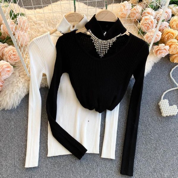 

women's new fashion autumn and winter turtleneck tassel knit pullovers lady long sleeve clothes white black sweater q596