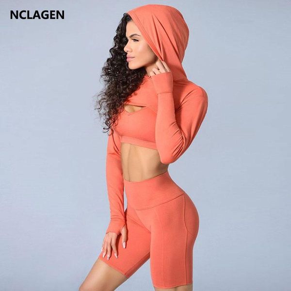 

yoga set women 3 pcs fitness suit long sleeve crop push-up bra padded shorts naked-feel fabric workout hooded gym sportwear, White;red