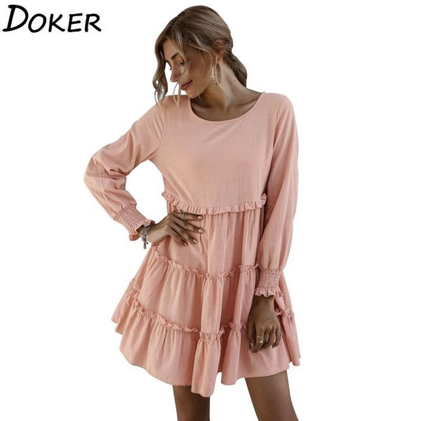 

long sleeve mini dress womens fashion ruffle patchwork o-neck party elegant ladies plus size loose casual boho beach dresses, Black;gray