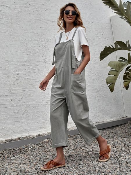 

solid dual pocket suspender jumpsuit v5qe#, White
