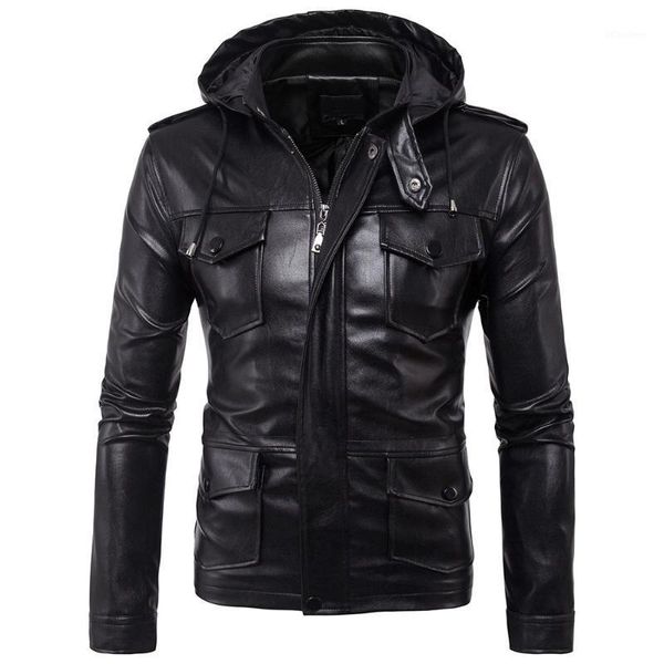 

2020 new faux leather jacket mens jackets coats hooded motorcycle pu coat biker streetwear zipper pockets male us size fashion1, Black;brown