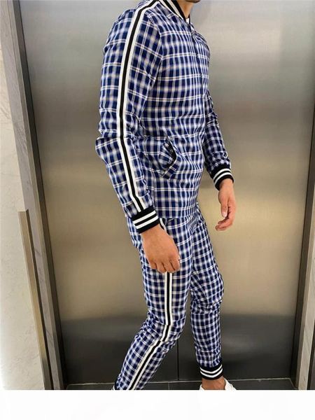 

мужчины 3d плед спортивные джентльмены набор куртка мужчины набор трексуита улица мода trend моды стоять воротник воротник на молнии спортив, Gray