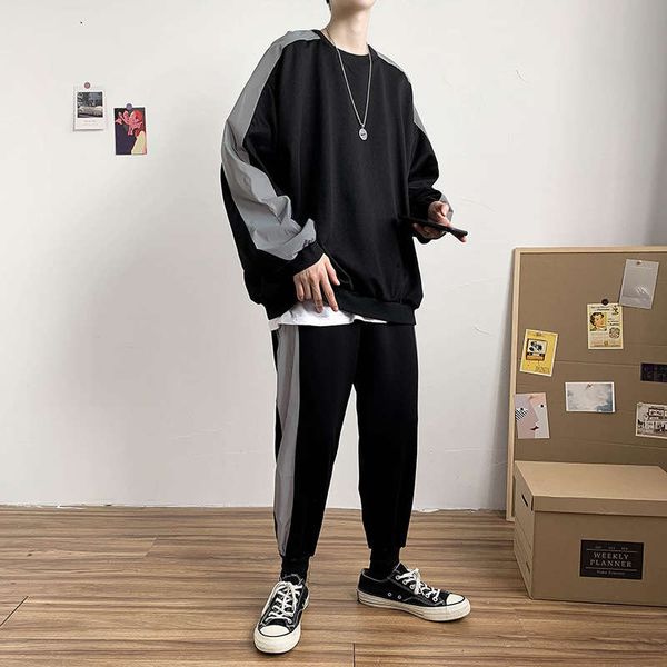 

new fashion reflective sweater leggings sports two piece set korean version of ins super large men's wear, Gray