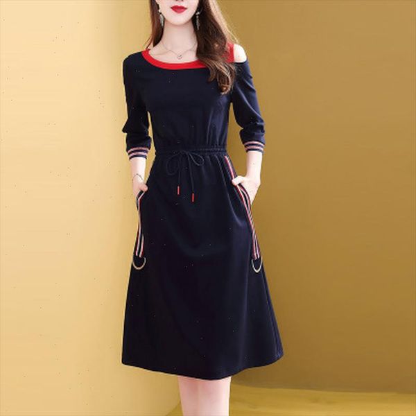 

fashion new drawstring dress women elegant slim three quarter sleeve casual dress korean style a line female knee length, Black;gray