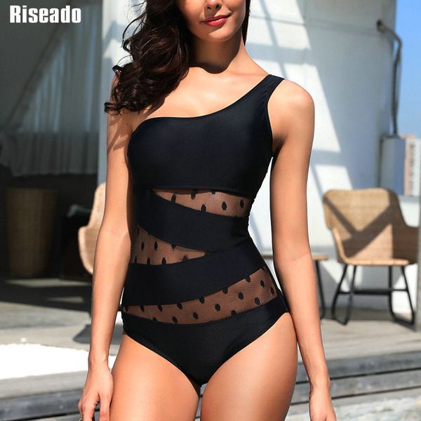 

riseado one shoulder one piece swimsuit 2020 swimwear women bandeau beach wear mesh swim suits black dot beachwear t200708, White;black
