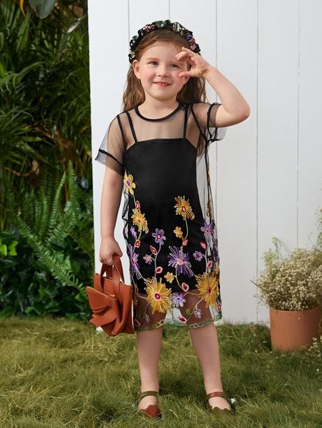 

toddler girls floral embroidery mesh dress with cami dress she, Red;yellow