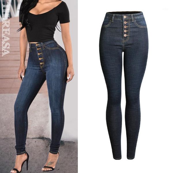 

high waisted jeans women stretch skinny pencil pants button push up washed mom jeans denim vintage trousers1, Blue