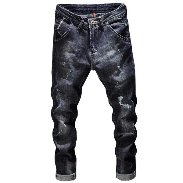 

men's dark blue stretch jeans slim and worn streetwear jeans casual ripped vintage motorcycle men's trousers