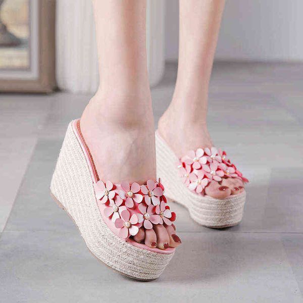 

11 cm new fashion slide flower wedge-platform shoes with sequins for women slippers, Black