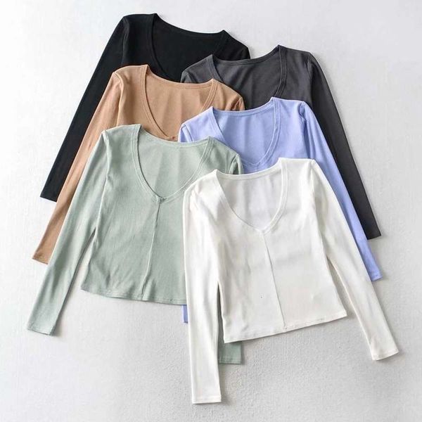 

thread new v-neck fall long 2020 sleeve women chic slim short solid t-shirt, Black;gray