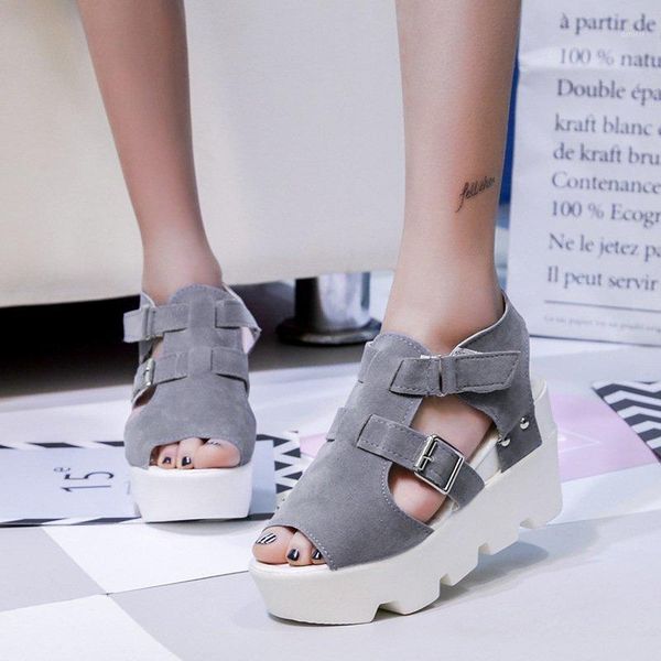 

rimocy 2020 summer women high platform wedge heel sandals peep toe buckle comfortable light casual shoes woman chunky sandalias1, Black