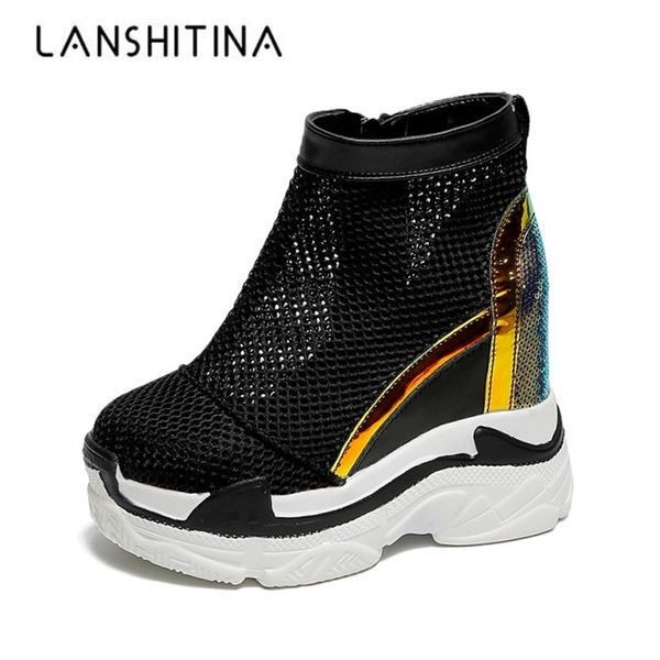 

summer breathable mesh sneakers hidden increasing women shoes 10cm heels wedge casual shoes bling high platform heels shoes y200424, Black