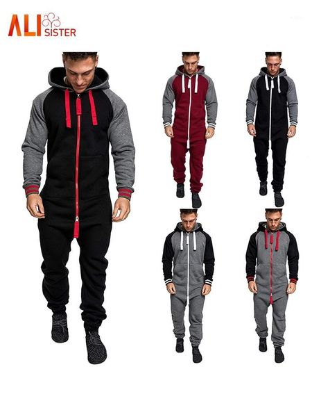 

men's tracksuits autumn winter mens jumpsuit long sleeve hooded playsuit casual tracksuit patchwork men's sets pockets zipper romp, Gray
