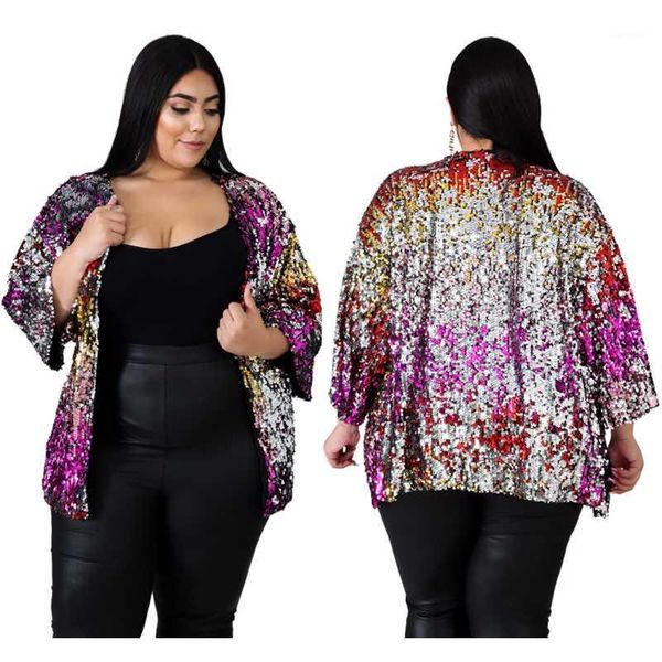 

tsuretobe autumn winter plus size sequins jacket women loose long sleeve coats streetwear cardigan coat casual outwear fema1, Black;brown
