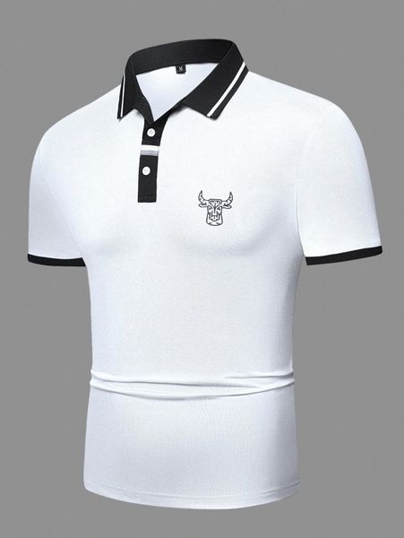 

men bull print striped trim polo shirt x0ez#, White;black