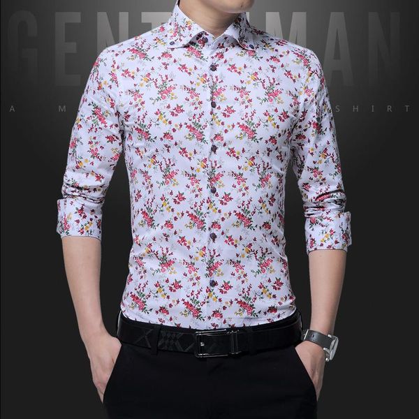 

men's casual shirts 2021 fashion men shirt long sleeve europe style slim fit cotton floral mens clothes, White;black