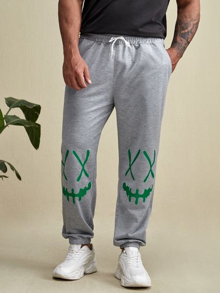 

extended sizes men expression print drawstring waist sweatpants z2cz#, Black