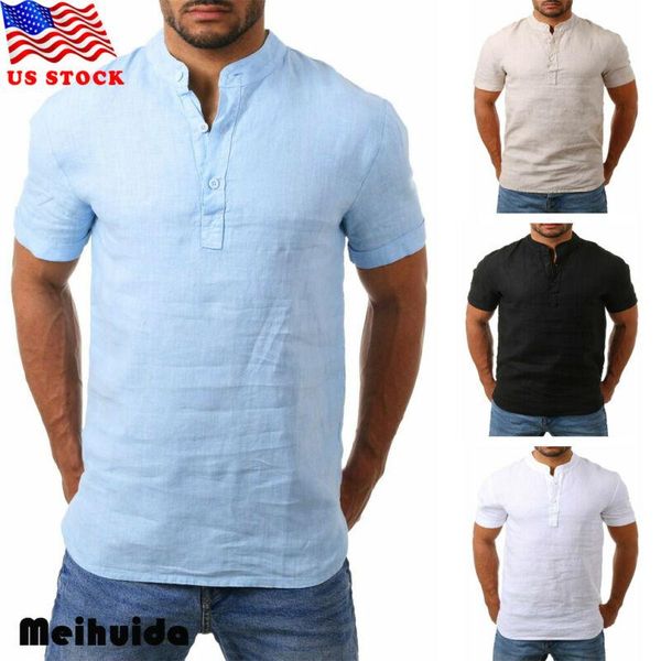 Erkek Casual Gömlek Slim Fit V Boyun Kısa Kollu Kas Tee Gömlek Erkek Üst Pamuk Keten Katı Giyim Tops