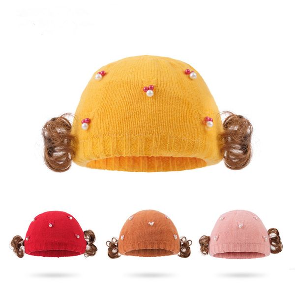 

autumn and winter warm baby hats lovely pearl wig knitted hat princess wig hat one child hat girl suitable for 1-3 years old, Blue;gray