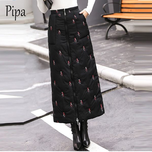 

pipa высокая талия прогрев хлопковая вышивка женская сумка бригада зимняя зима 2020 мода сгущает длинные карандашные юбки с карманным femme, Black