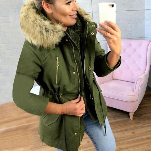 

2020 winter jacket women hooded new style zip up coat casual femme thicken cotton lady warm winter jacket with fur collar, Black