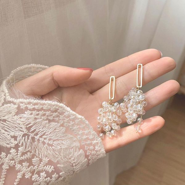 

dangle & chandelier crystal korean simple temperament long tassel earrings for women sweet fashion pendant statement girls jewelry, Silver