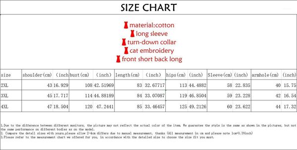 

plus size 2xl-4xl women's white navy blue long sleeved blouse cute cat embroidery 1
