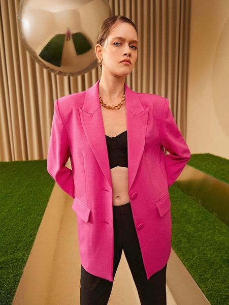 

solid button front blazer 0589#, White;black