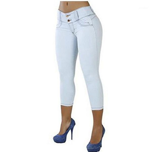 

women's jean-like package hip pant slims solid color high-waist elastic seven-cent pants cotton blend casual wearing 2020 new1, Black;white