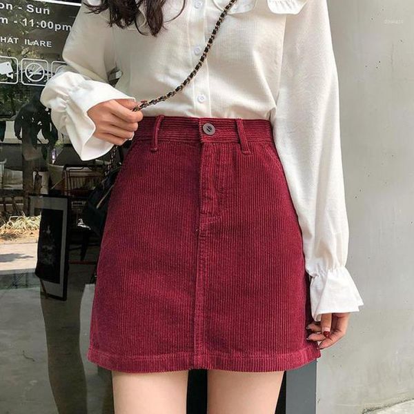 

2020 autumn new high waist slim corduroy bag hip a-line skirt simple wine red casual all-match women mini skirt, Black