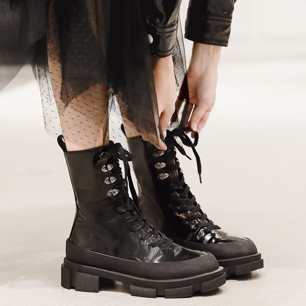 

rasmep patent leather women's motorcycle boots 2020 brand women platform ankle boot fashion rivets ladies shoes winter lj201030, Black