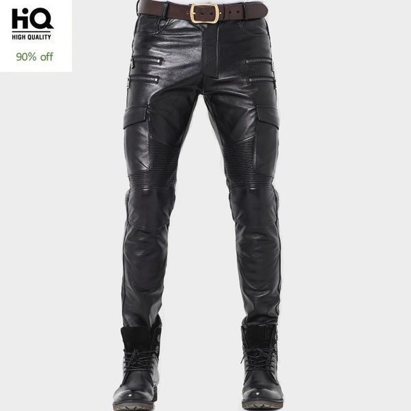 

winter luxury mens genuine leather pants skinny motorcycle cowhide leather pants warm windproof long trousers man slim fit1, Black