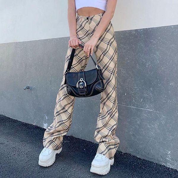 

women's pants & capris plaid tracksuit harajuku women green kalenmos straight trousers high waist autumn baggy pantalones bottom, Black;white