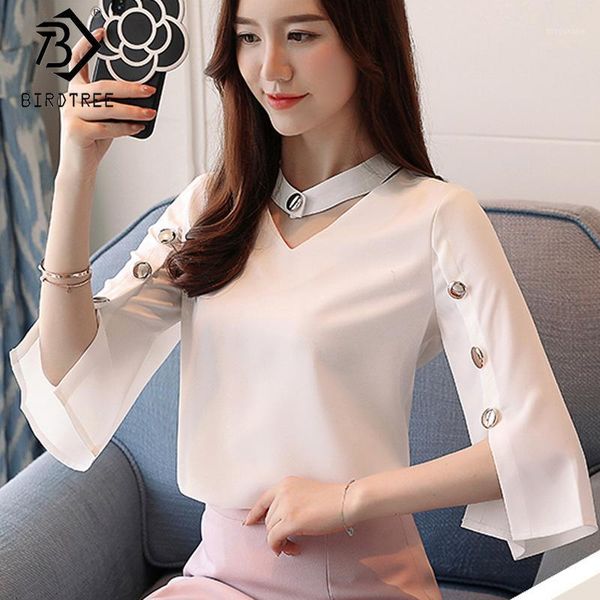 

women's chiffon blouse 2020 summer v-neck korean style open three quarter sleeve buttons female shirt t04204k1, White