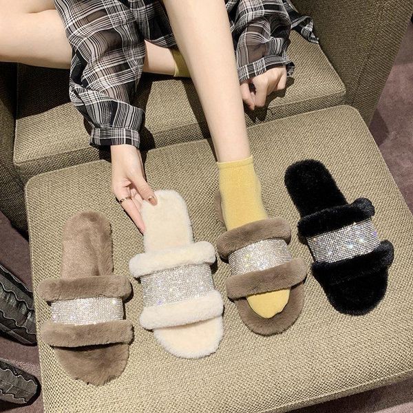 

glitter slides flat shoes female home slippers women's fur flip flops pantofle fashion flock jelly massage plush 2020 luxury, Black