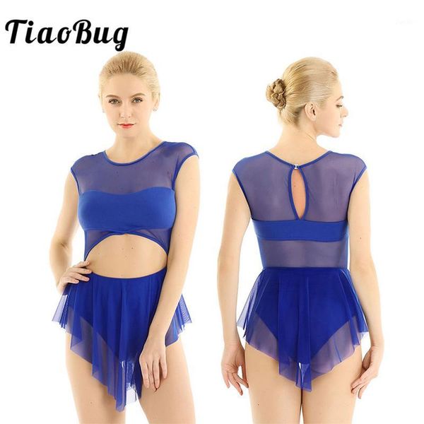 

tiaobug women dancewear sleeveless cutout mesh splice figure skating dress ballet gymnastics leotard competition dance costume1, Black;red