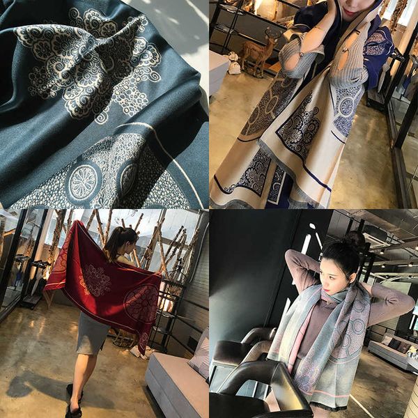 

1high grade cashmere shawl women's autumn and winter new korean version versatile double face warm thickened scarf wool neck fashion br, Blue;gray