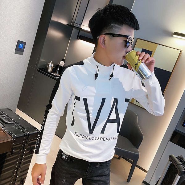 

high collar sweater men's thickening plush tide ins youth trend autumn and winter fashion brand hoodless pullover with warm backing, Black