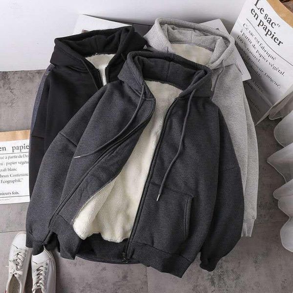 

running jackets vertvie jacket women solid color hoodies autumn winter imitation lamb wool korean loose plus velvet thick zipper sweatshirt, Black;red